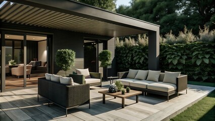 Modern Patio with Pergola and Sectional Sofa.