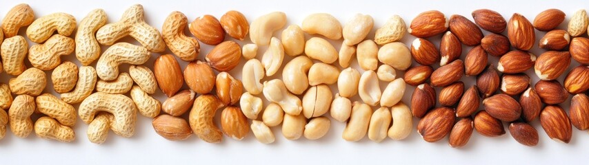 Close-up of Peanuts, Cashews, and Almonds Arranged in Rows
