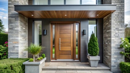 Modern House Entrance with Wooden Door and Stone Walls.