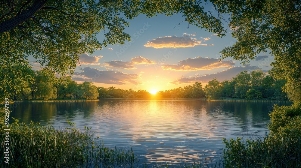 Poster sunset over tranquil lake with lush greenery