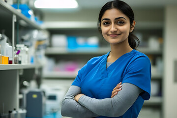 Obraz premium Attractive Indian Female Nurse in Blue Scrubs Smiling in Laboratory with Arms Crossed, Wearing Grey Long Sleeves