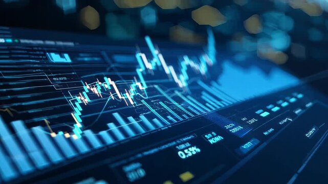 Holographic financial charts emerge from a digital surface. Illuminated graphs in cool blue tones create a futuristic visualization of market data and trends.	