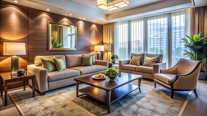 Fototapeta premium Modern Living Room Interior Design with Beige Sofa, Armchair, and Coffee Table.