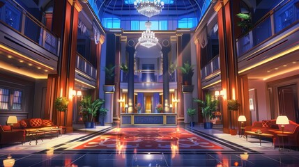 Fototapeta premium Step into a lavish anime hotel lobby with stunning chandeliers, lush greenery, and inviting seating under a starry sky