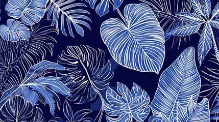 Fototapeta premium A close-up of a dark blue background with intricate white outlines of tropical leaves, creating a patterned design.