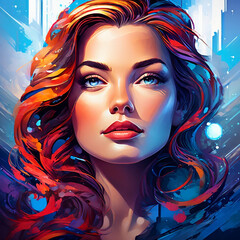 Obraz premium Red-haired dream girl, looking straight. Beautiful woman with blue eyes.