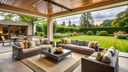 Fototapeta premium Modern patio furniture with a view of a lush garden.