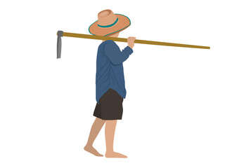 A farmer is carrying a hoe.