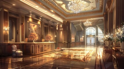 Fototapeta premium A lavish hotel lobby showcases intricate details in architecture and decor, featuring grand chandeliers and polished marble floors