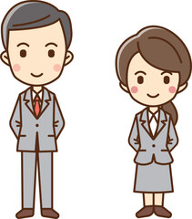Illustration of a man and woman in business suits with their hands folded behind their backs.