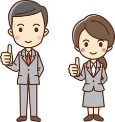 Illustration of a man and woman in business suits giving a thumbs up.