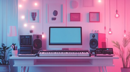 a computer desk with a keyboard