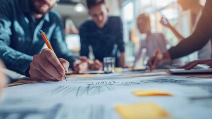A team of engineers and designers gathered around a table, brainstorming ideas and sketching concepts for a new tech product. The scene captures the collaborative spirit and innovation that drives