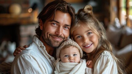 Obraz premium happy young family,newborn baby,little girl enjoying time together at home