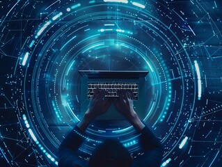 Person using a laptop computer from above - ai