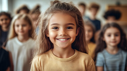 Fototapeta premium A cheerful girl smiling in front of a group of children.
