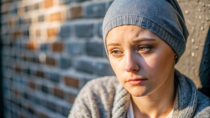 Young woman in a grey beanie, looking thoughtful and contemplative.
