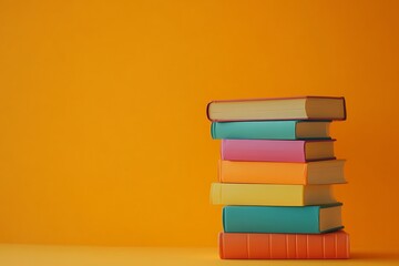 Fototapeta premium Stack of books on orange background, copy space.