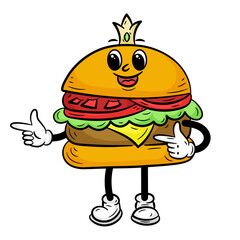 Cheeseburger Groovy Cartoon Wearing a Crown With Pointing Hand. Hand-drawn Fast Food Theme in Doodle Style