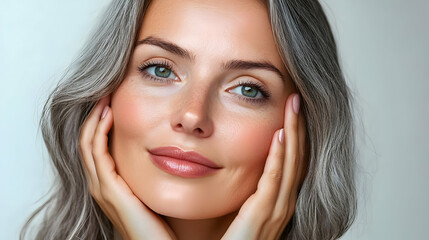 Naklejka premium A close-up portrait of a woman with long gray hair and a serene expression.