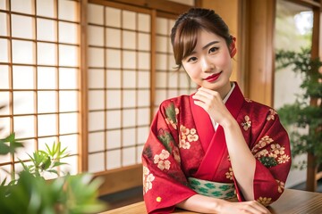 Japanese woman wearing a kimono in a traditional setting.