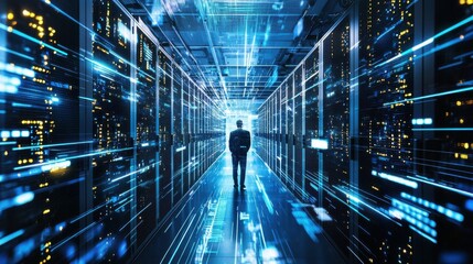 Obraz premium A high-tech data center with rows of servers and flashing lights, representing the backbone of cloud computing and data storage. Technicians monitor the systems, ensuring the smooth operation of the