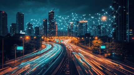 Fototapeta premium A smart city infrastructure visualized as a network of interconnected systems and devices, including traffic lights, public transportation, and energy management. The visualization highlights the