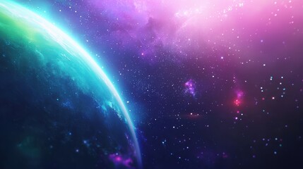 Obraz premium A cosmic space scene with a vibrant gradient of colors, including deep blues, purples, and greens. Stars and galaxies are scattered across the sky, creating a sense of wonder and exploration in the