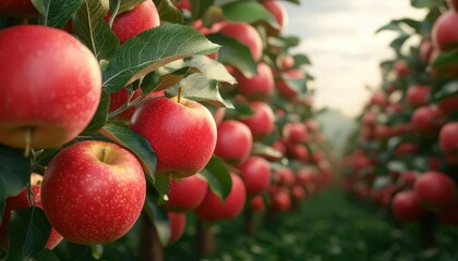 Obraz premium Organic apple orchard, trees full of ripe apples, 3D illustration