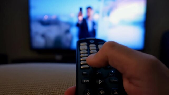 Digital Relaxation: Hand Holding Smart TV Remote Control for Late Night Movie Watching