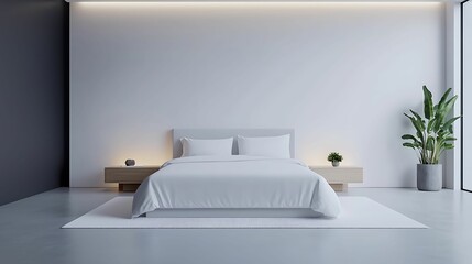 First person view of a serene minimalistic bedroom, soft lighting, white bedding, and neutral tones, simple composition, calm and peaceful mood, copy space for text,