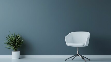 Semi close-up of a sleek white chair in a minimalist room, sharp focus on texture and contrast, soft natural lighting, calm and orderly mood, copy space for text,