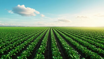 Organic farm, lush green fields with crops, 3D illustration