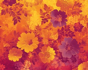 Fototapeta premium Bold 1970s gradient Pantone background with warm, rich hues and stylized floral patterns, capturing the essence of bohemian fashion