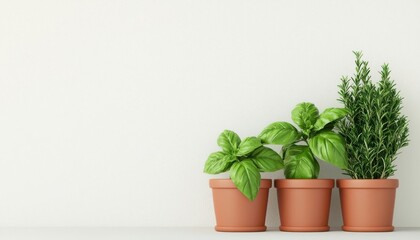 Fototapeta premium Organic herb garden, pots with fresh basil, mint, and rosemary, 3D illustration