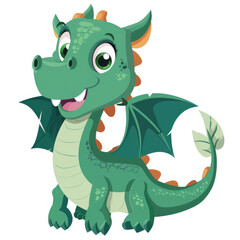 A cartoon of a dragon with a green head isolated white background,2d flat vector

