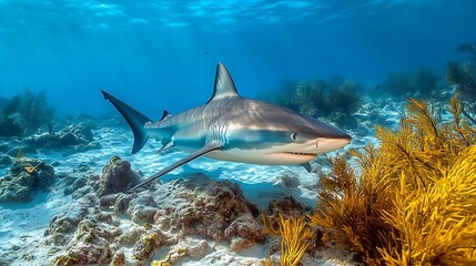 Fototapeta premium Reef shark swimming The Caribbean reef shark is a species of requiem shark belonging to the family Carcharhinidae It is found in the tropical waters of the western Atlantic Ocean from : Generative AI