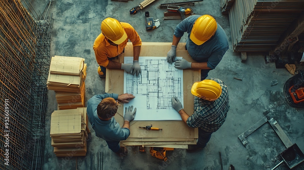 Fototapete Top down aerial view of architect engineer team shake hands and discussing about building construction Group of diverse people working together to plan and design by using blueprint Al : Generative AI