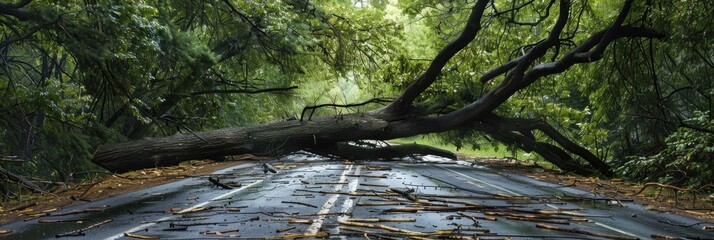 Tree falls on roadway, prompting rescue and environmental recovery actions.