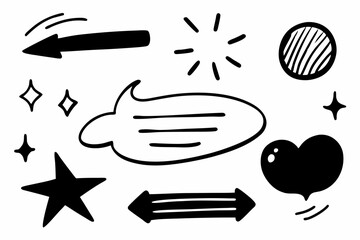 Set of black Sketch arrow shape set, Hand drawn brush stroke, speech bubble, underline, sparkle element. Vector illustration