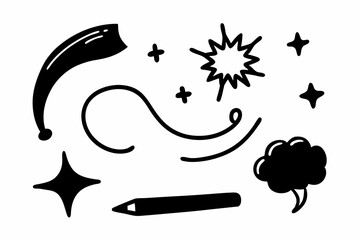 Set of black Sketch arrow shape set, Hand drawn brush stroke, speech bubble, underline, sparkle element. Vector illustration
