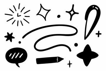 Set of black Sketch arrow shape set, Hand drawn brush stroke, speech bubble, underline, sparkle element. Vector illustration