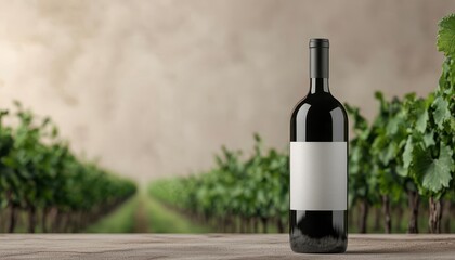 Fototapeta premium Organic wine bottle, with vineyard background, 3D illustration