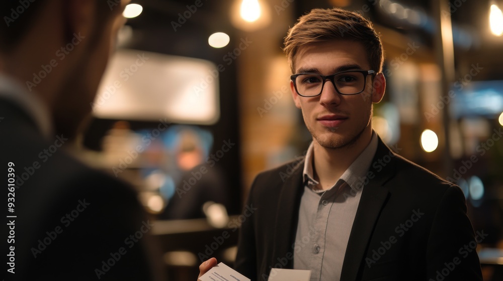 Aufkleber detailed shot of a young businessman at a networking event, engaging in conversation and exchanging 