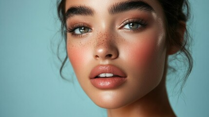 Fototapeta premium Detailed shot of a woman with perfect makeup application, including defined brows, radiant foundation, and glossy lips, emphasizing her polished beauty.