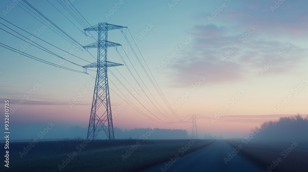 Aufkleber Detailed shot of an electricity transmission tower with power lines extending into the distance, highlighting the structural complexity and scale of the infrastructure.