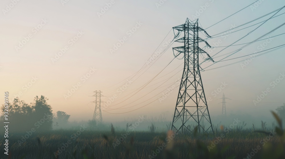 Poster Detailed shot of an electricity transmission tower with power lines extending into the distance, highlighting the structural complexity and scale of the infrastructure.