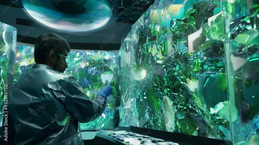 Poster scientist exploring vibrant light patterns in high-tech laboratory generative ai