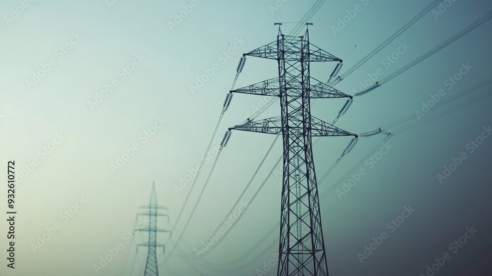 Fototapete Detailed shot of an electricity transmission tower with power lines extending into the distance, highlighting the structural complexity and scale of the infrastructure.