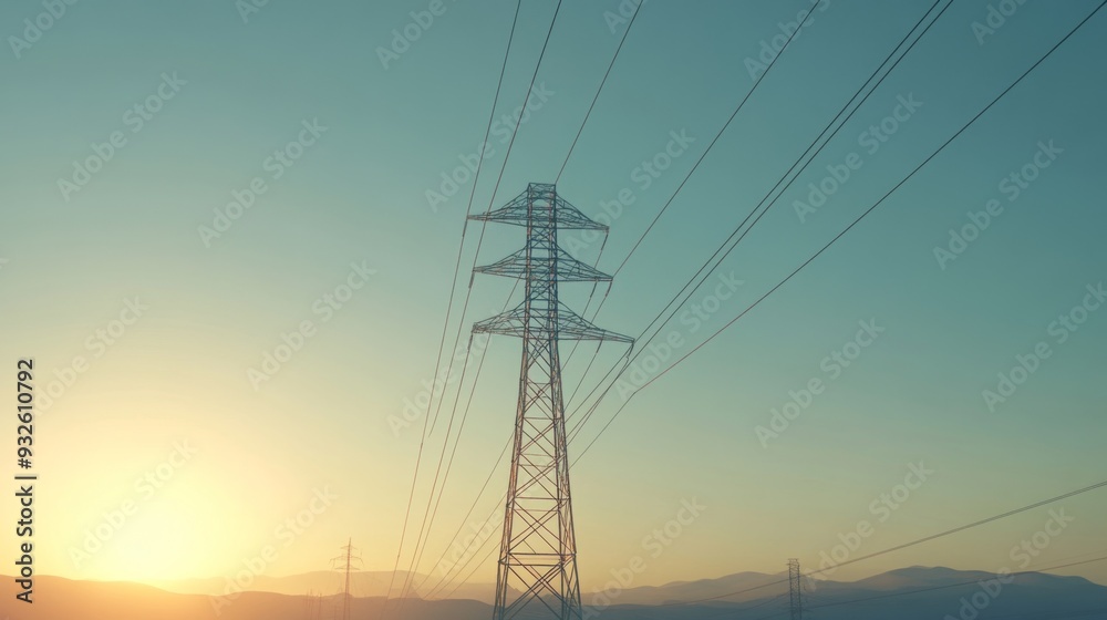 Fototapete Detailed shot of an electricity transmission tower with power lines extending into the distance, highlighting the structural complexity and scale of the infrastructure.